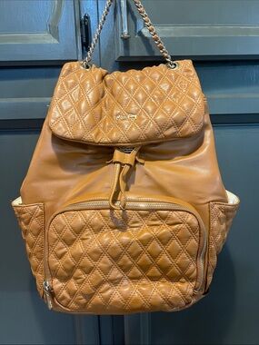 Quilted Tan Miss Fong Diaper Bag Backpack with Chain-Accent Straps
